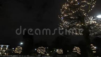 夜晚街道上的树木和灯光。 新年前夜。 4UHDK
